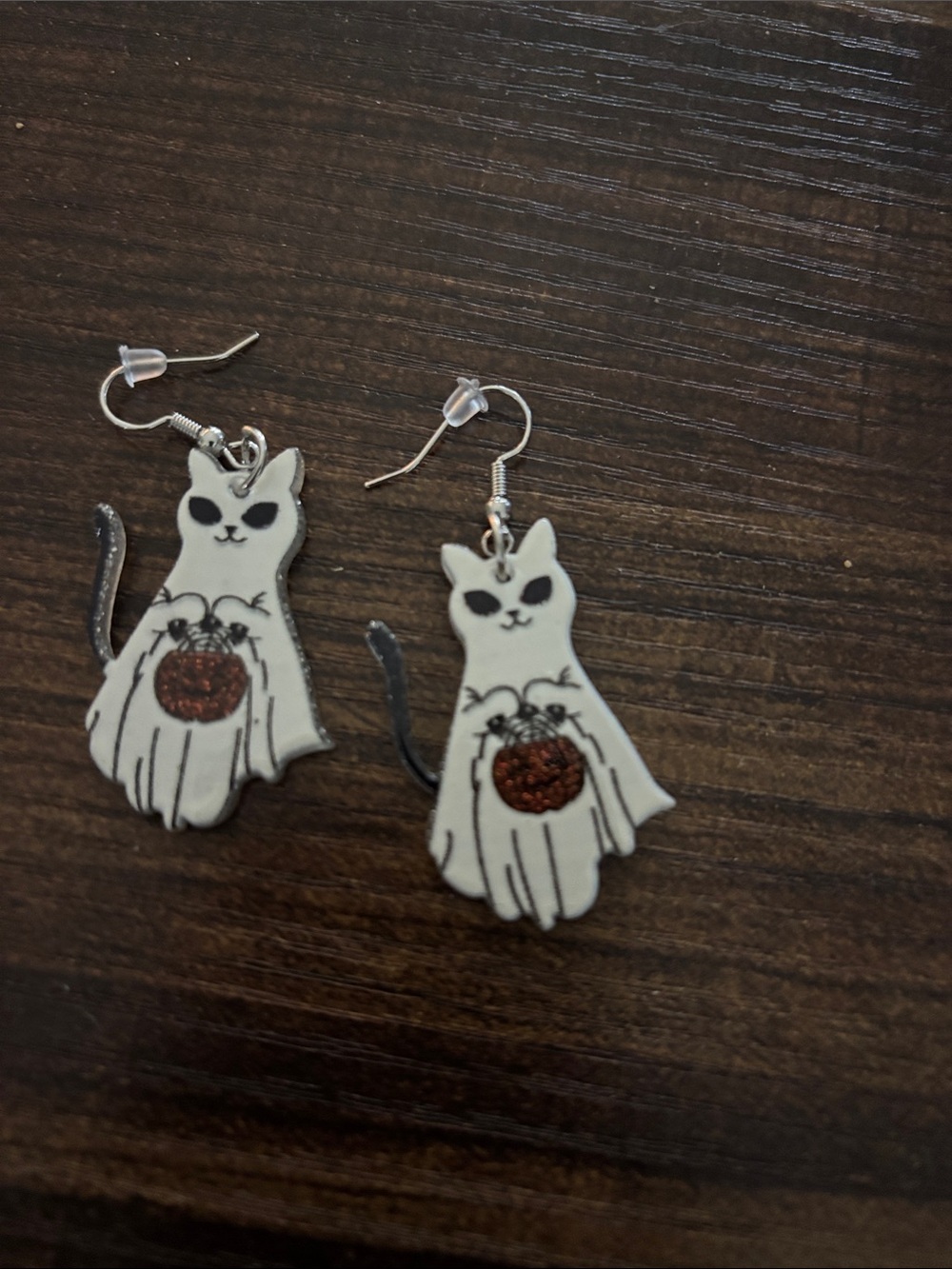 Cute White Cat Halloween Pumpkin Dangle Earrings - Unbranded